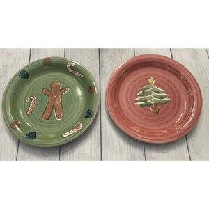 Two Brushes K.I.C. Stonemite Handpainted Christmas Plates, Tree & Gingerbread